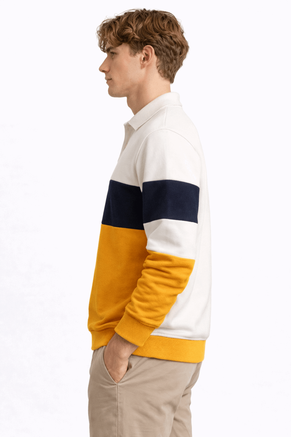 Premium Polo T-Shirt White–Mustard yellow–Black Colorblock