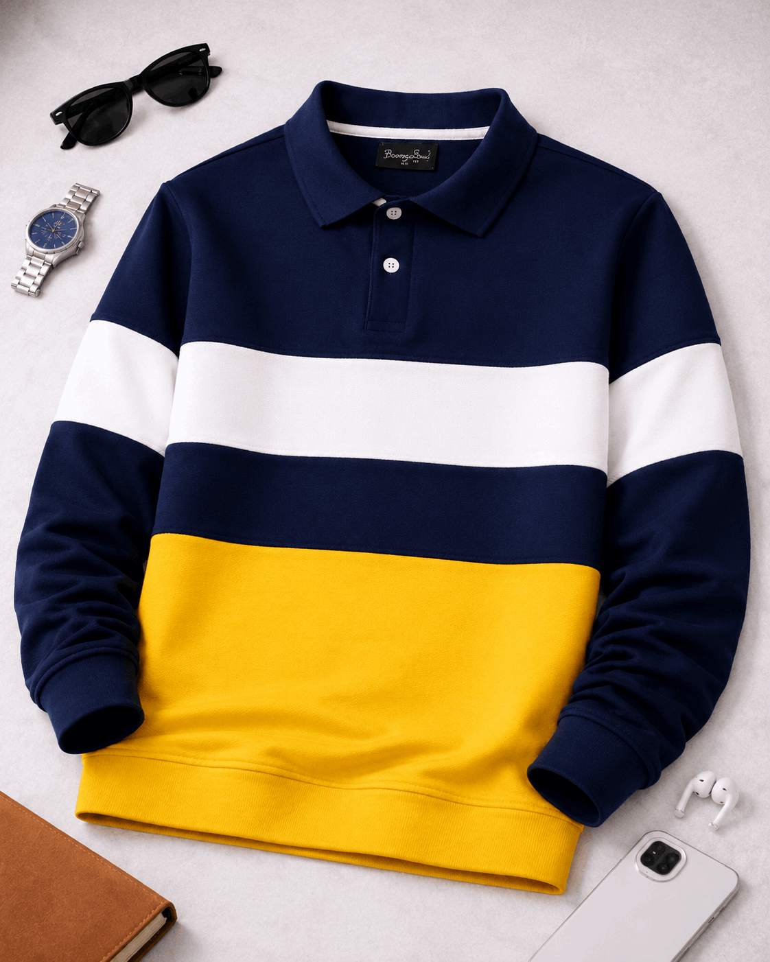 Men’s Full Sleeve Popcorn Fabric Polo T-Shirt – Navy Blue, White & Yellow Colorblock