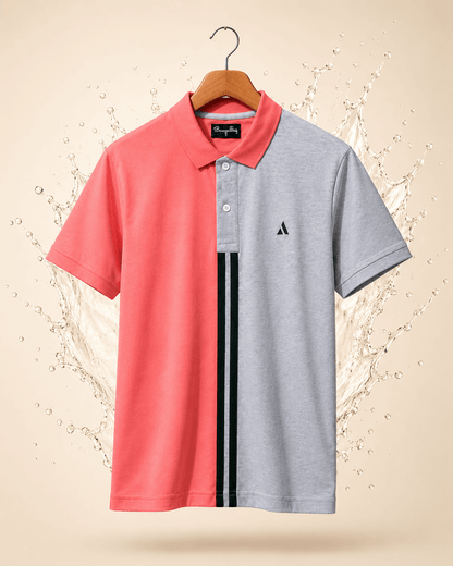 Sparkcolours Men's Coral Pink & Grey Colorblock Polo T-Shirt