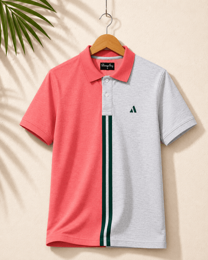 Dual Tone Polo T-Shirt – Coral Pink & Melange Grey
