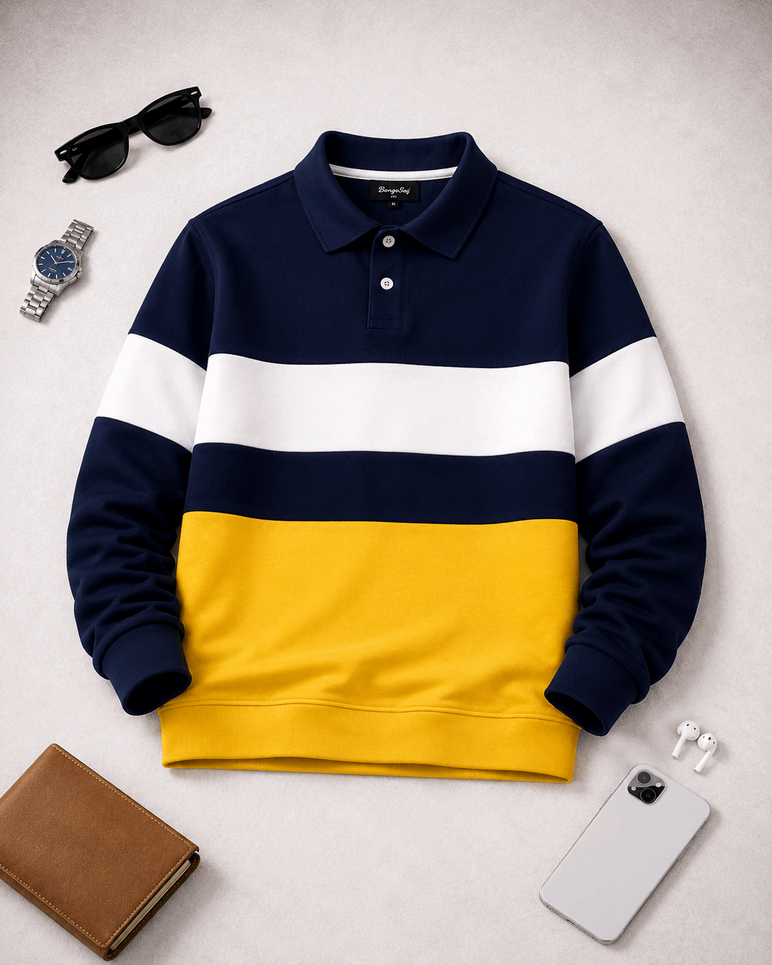 Men’s Full Sleeve Popcorn Fabric Polo T-Shirt – Navy Blue, White & Yellow Colorblock