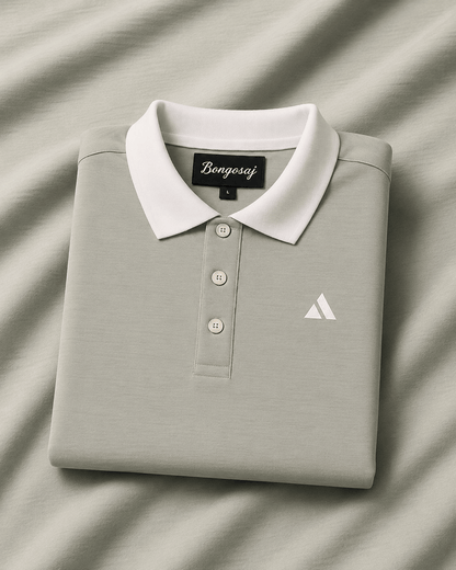 Classic Grey Polo T-Shirt | White Collar & Cuffs