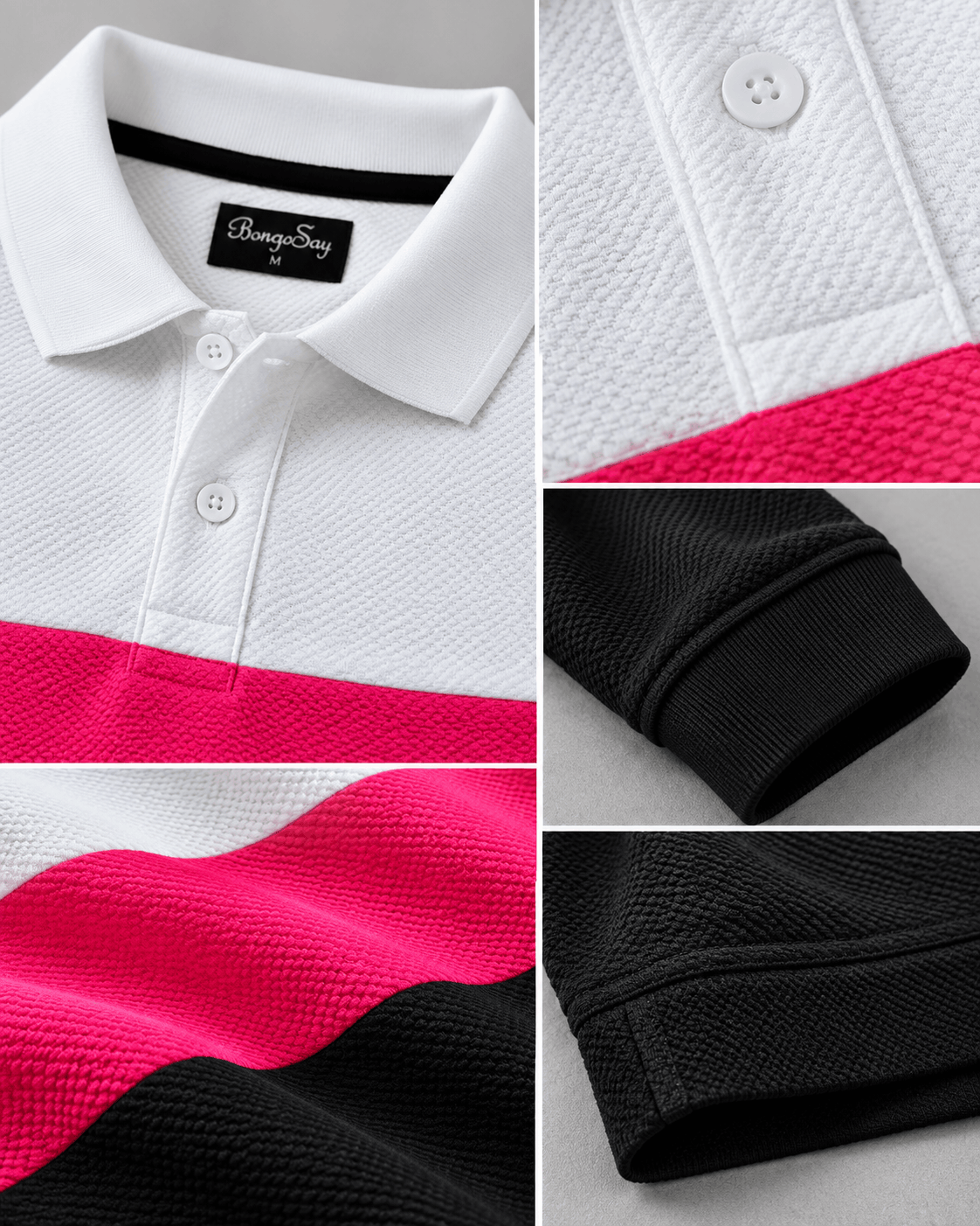 Urban Edge Men's Popcorn Textured Full Sleeve Polo T-Shirt – White, Hot Pink & Black