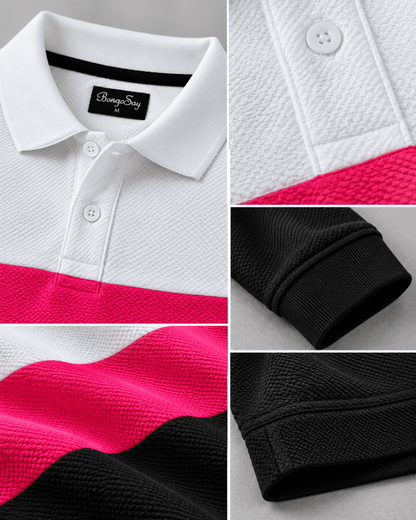 Urban Edge Men's Popcorn Textured Full Sleeve Polo T-Shirt – White, Hot Pink & Black