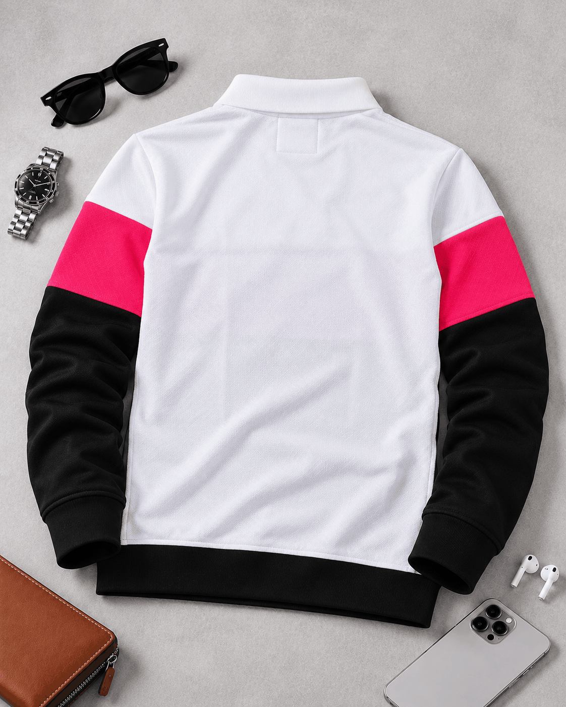 Urban Edge Men's Popcorn Textured Full Sleeve Polo T-Shirt – White, Hot Pink & Black