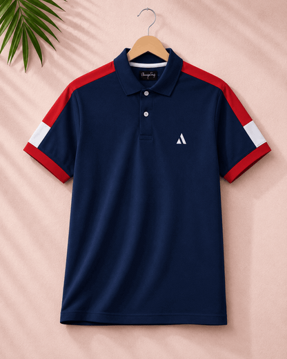 Navy Blue Polo T-Shirt with Red Shoulder Cut