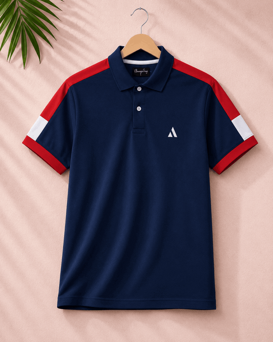 Navy Blue Polo T-Shirt with Red Shoulder Cut