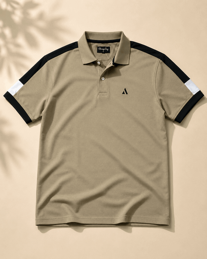Men's Khaki Olive Colour Block Premium Polo T-Shirt Shoulder Cut
