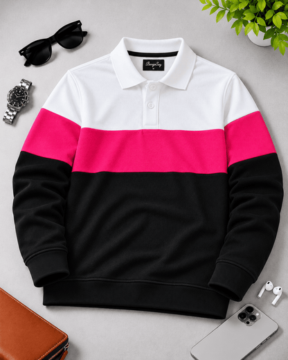 Urban Edge Men's Popcorn Textured Full Sleeve Polo T-Shirt – White, Hot Pink & Black