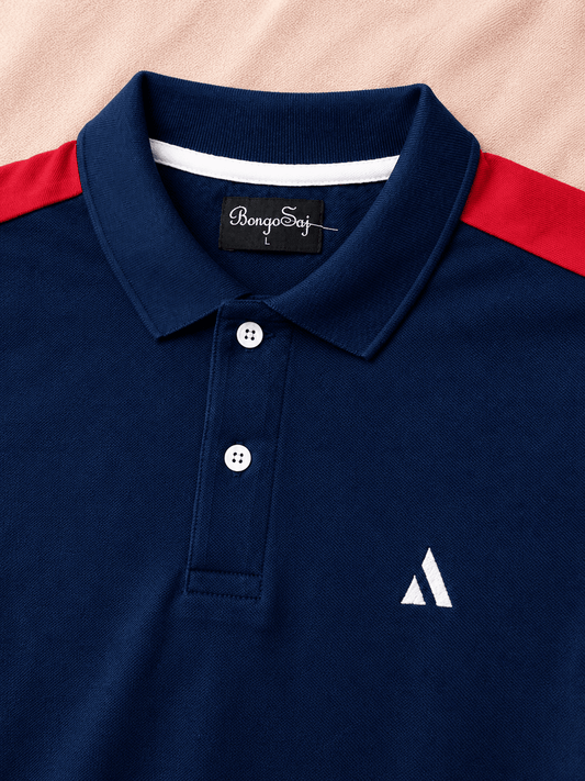 Navy Blue Polo T-Shirt with Red Shoulder Cut