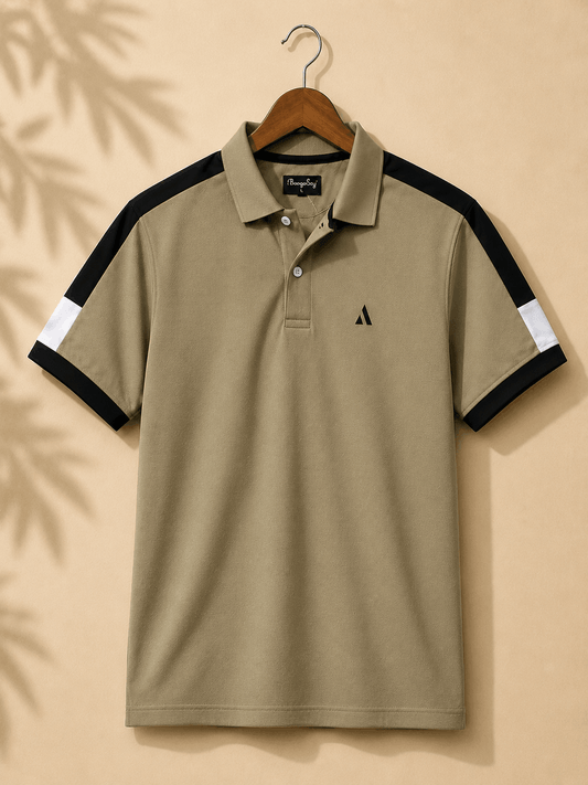 Men's Khaki Olive Colour Block Premium Polo T-Shirt Shoulder Cut