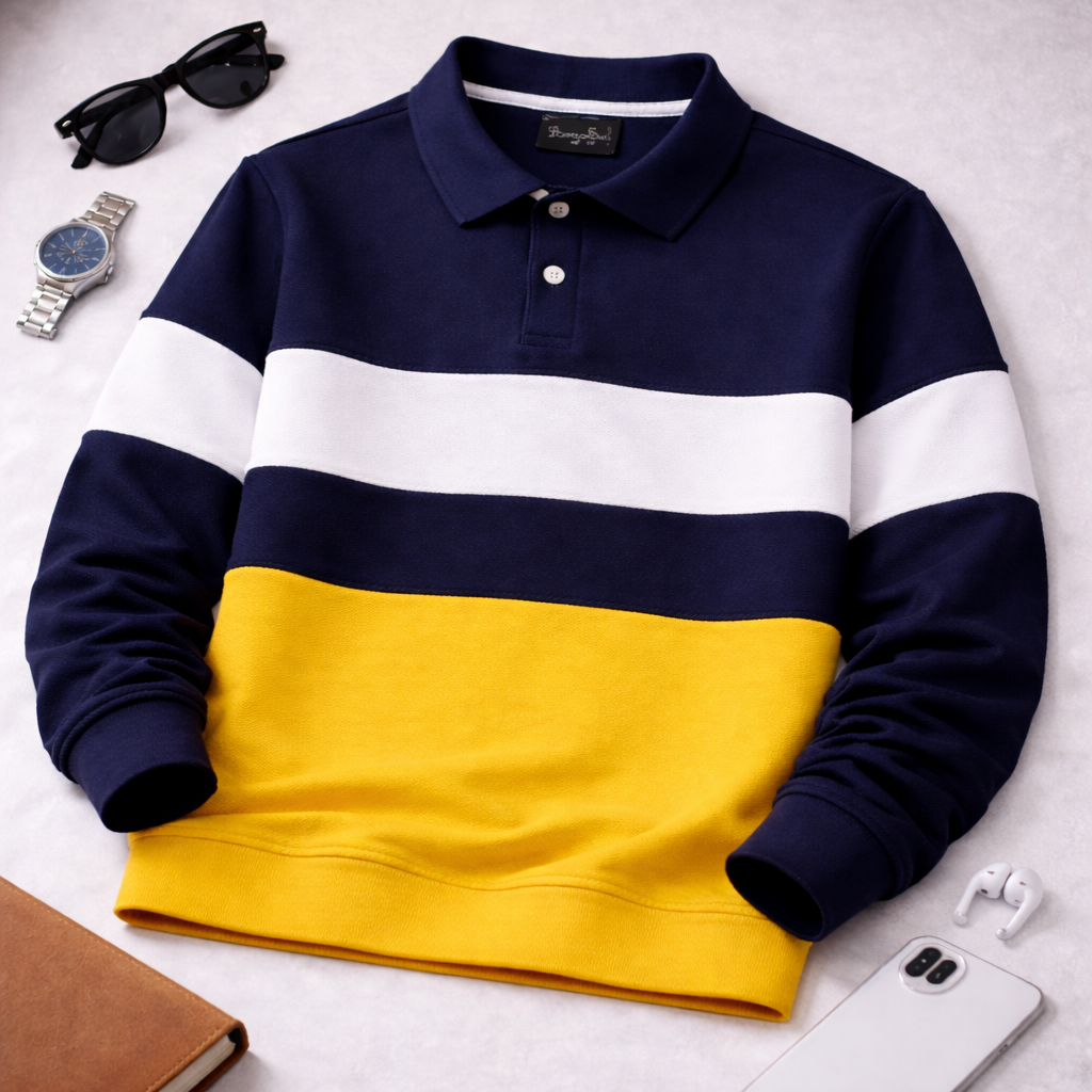 Men’s Full Sleeve Popcorn Fabric Polo T-Shirt – Navy Blue, White & Yellow Colorblock