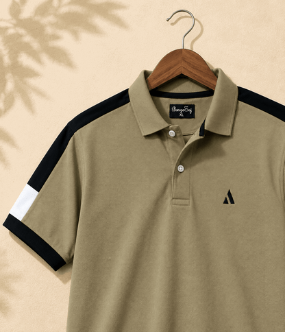 Men's Khaki Olive Colour Block Premium Polo T-Shirt Shoulder Cut
