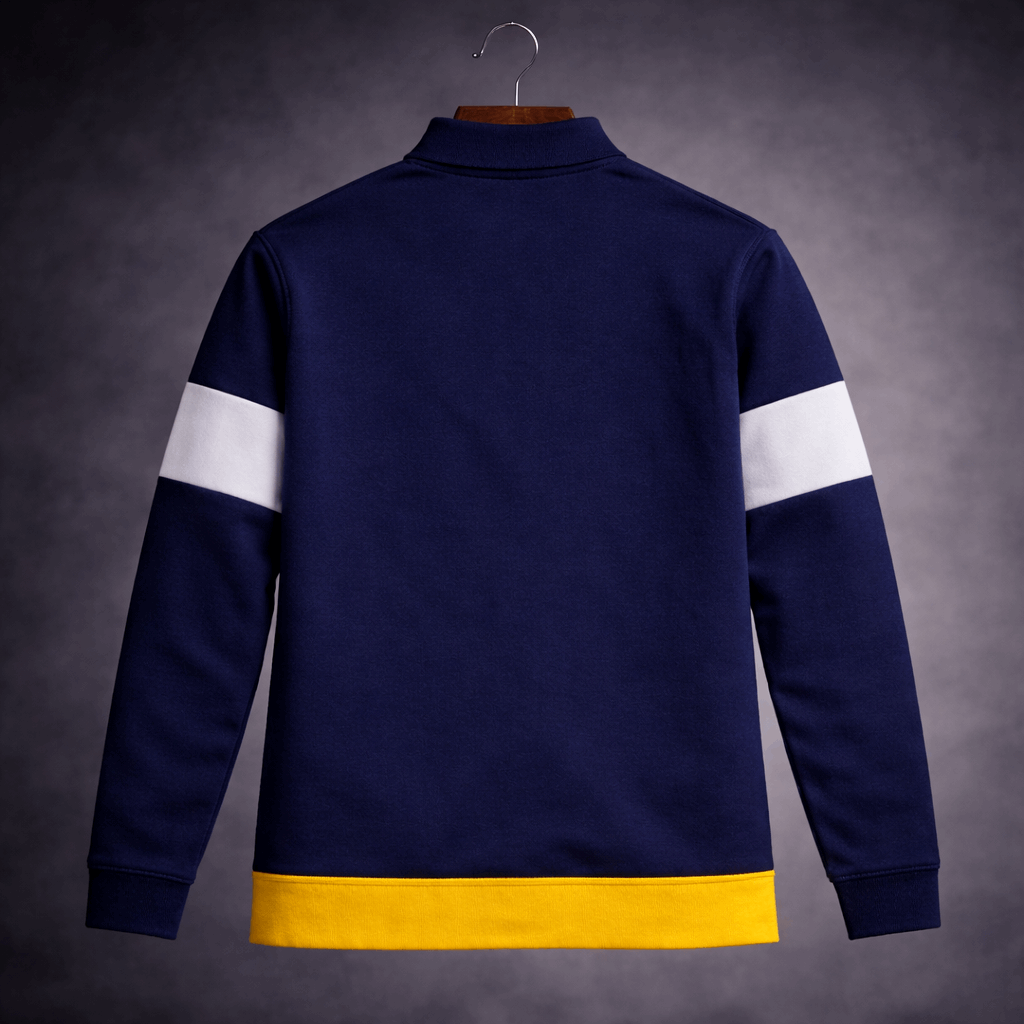 Men’s Full Sleeve Popcorn Fabric Polo T-Shirt – Navy Blue, White & Yellow Colorblock
