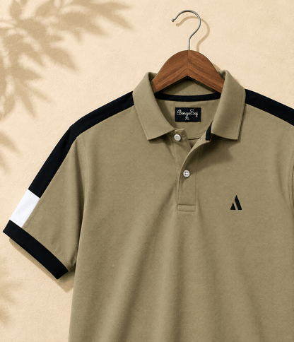 Men's Khaki Olive Colour Block Premium Polo T-Shirt Shoulder Cut