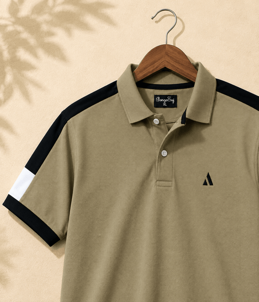 Men's Khaki Olive Colour Block Premium Polo T-Shirt Shoulder Cut