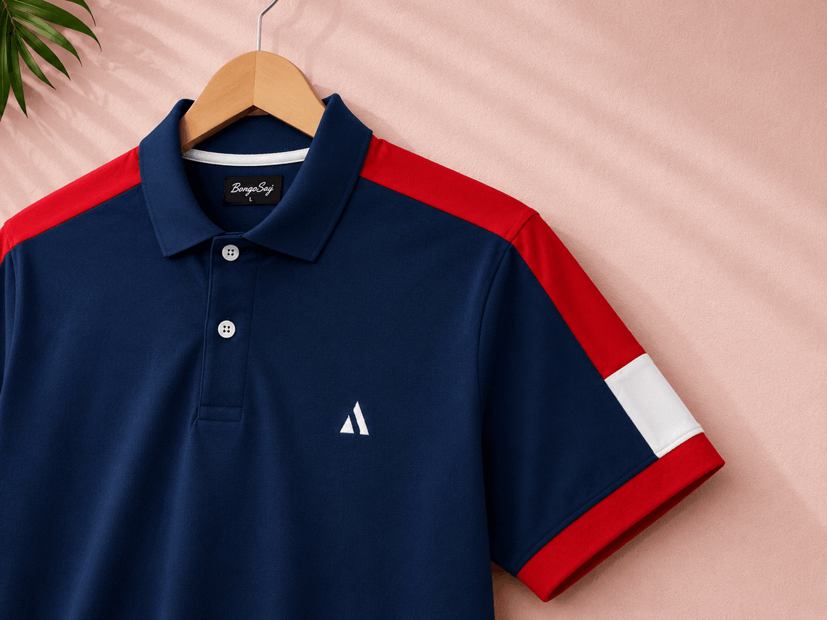 Navy Blue Polo T-Shirt with Red Shoulder Cut