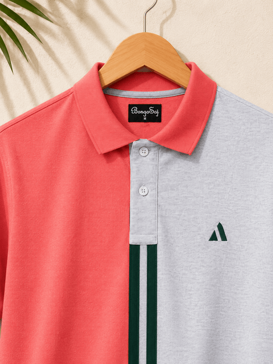 Dual Tone Polo T-Shirt – Coral Pink & Melange Grey