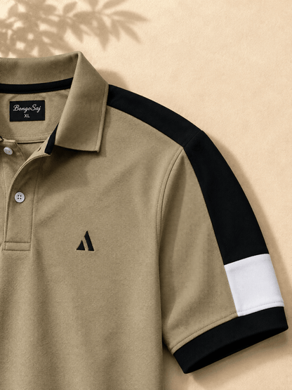 Men's Khaki Olive Colour Block Premium Polo T-Shirt Shoulder Cut