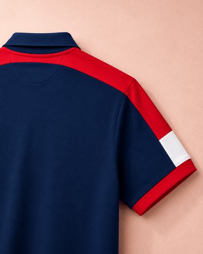 Navy Blue Polo T-Shirt with Red Shoulder Cut