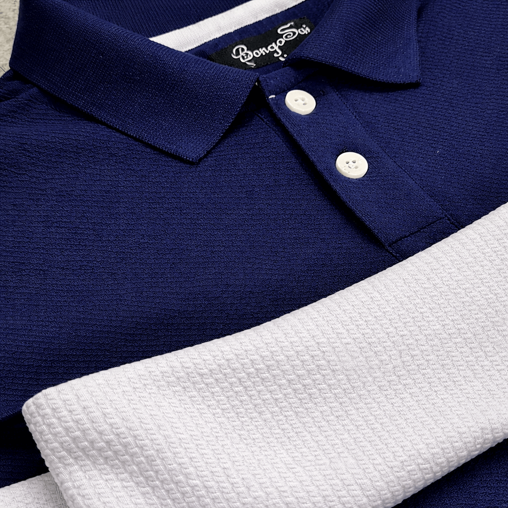 Men’s Full Sleeve Popcorn Fabric Polo T-Shirt – Navy Blue, White & Yellow Colorblock