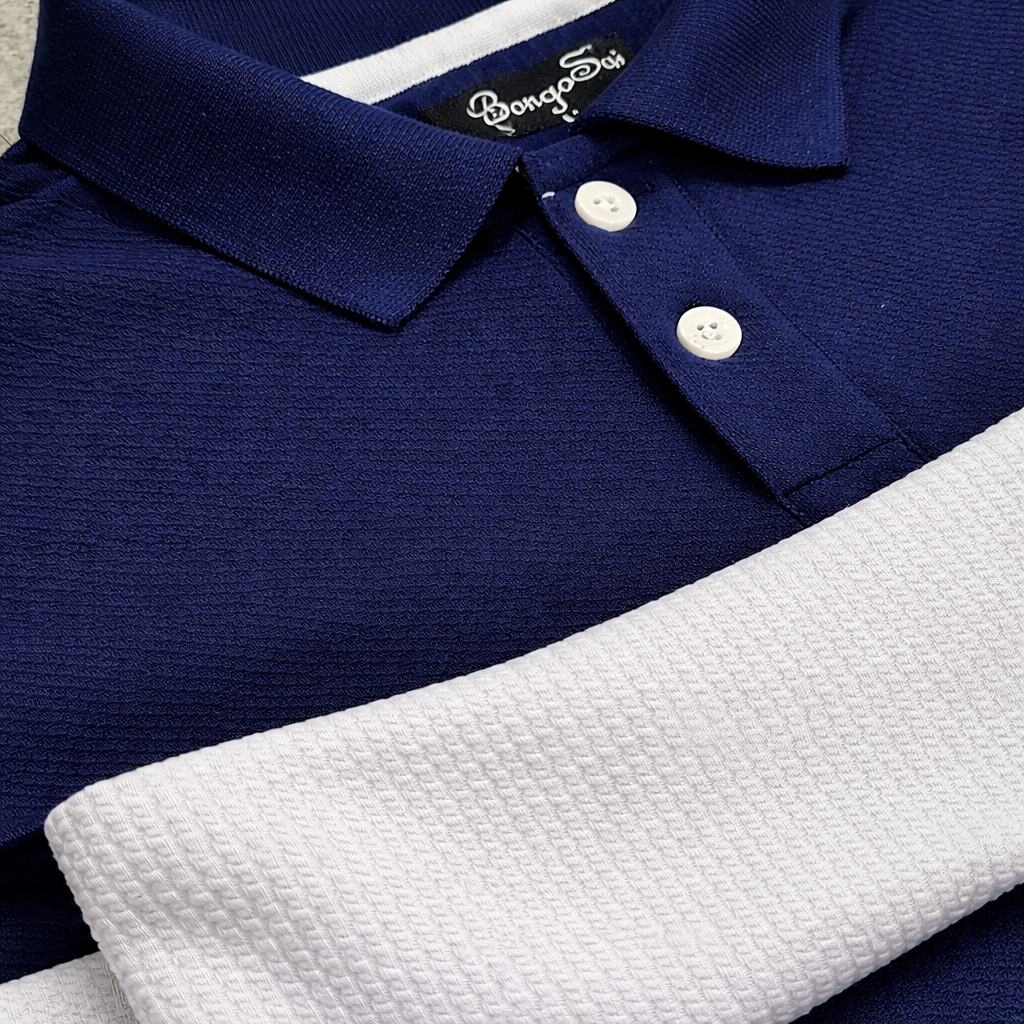 Men’s Full Sleeve Popcorn Fabric Polo T-Shirt – Navy Blue, White & Yellow Colorblock
