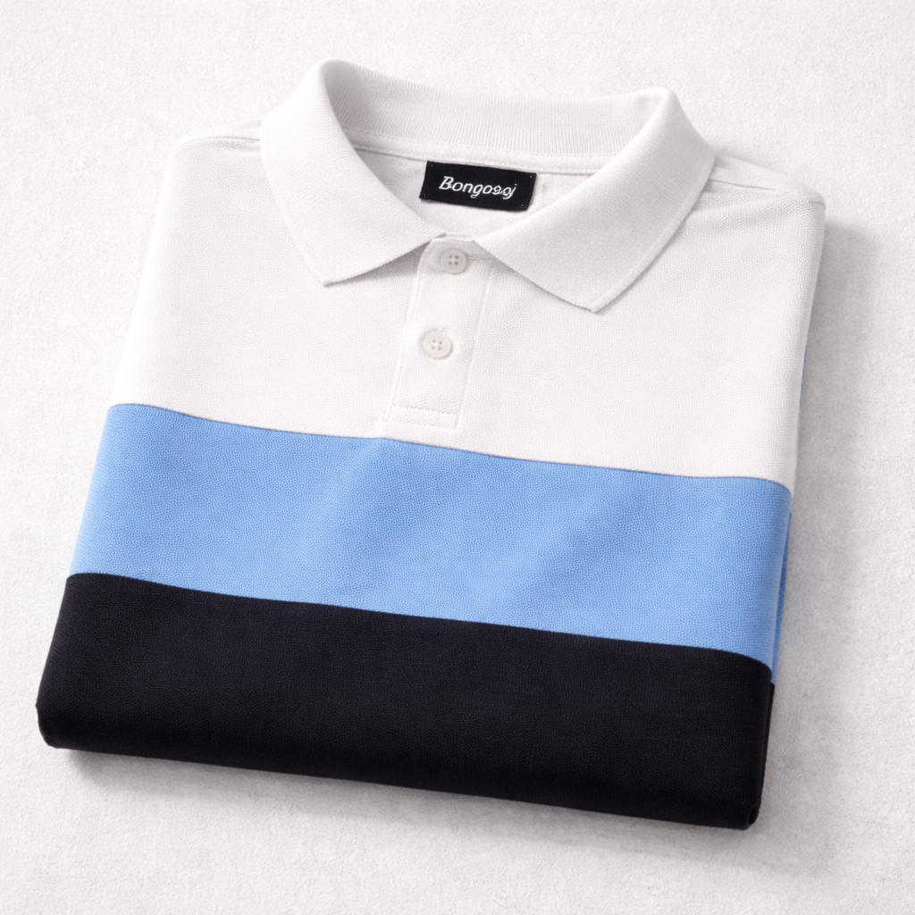 Men’s Colorblock Popcorn Fabric T shirt – White, Sky Blue & Black