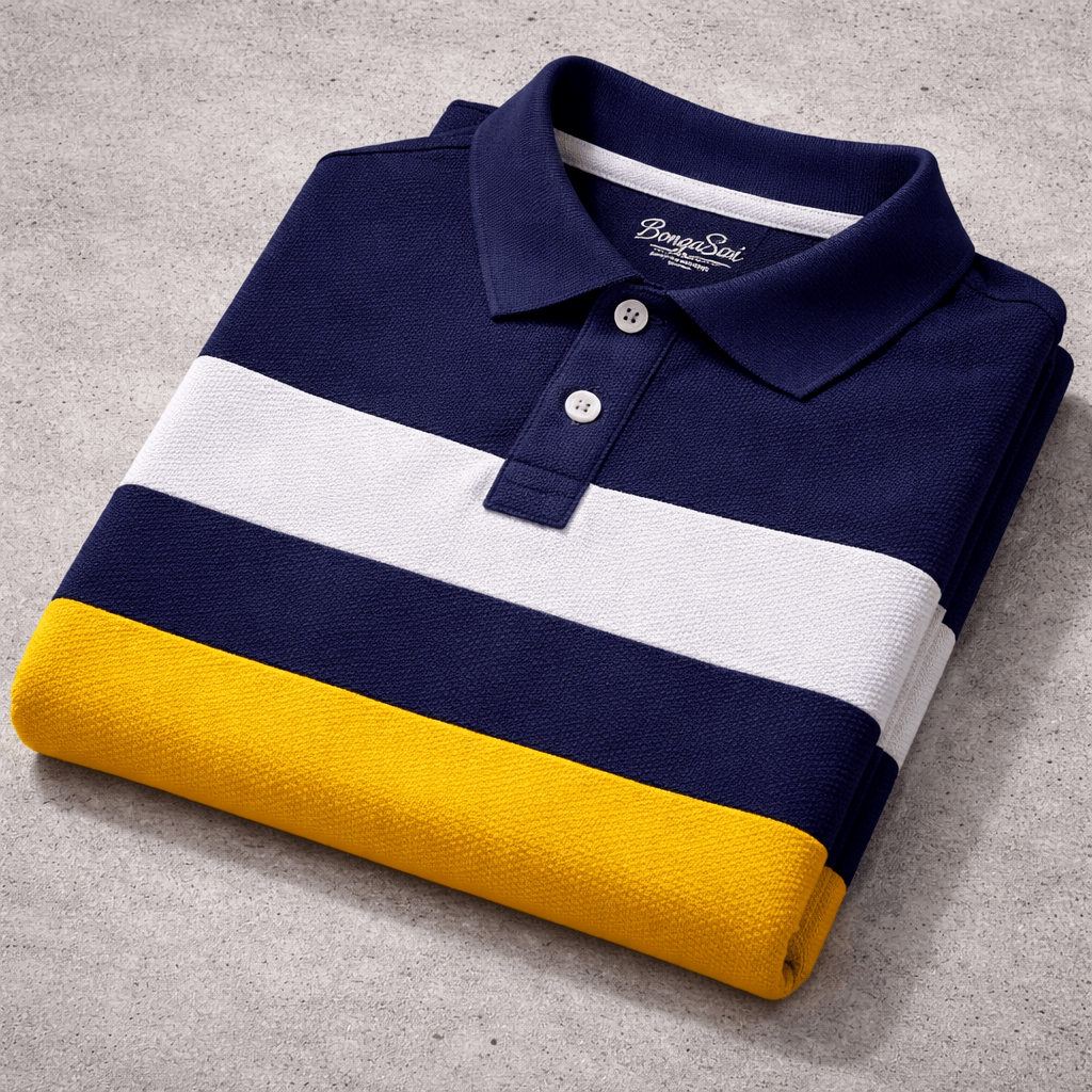 Men’s Full Sleeve Popcorn Fabric Polo T-Shirt – Navy Blue, White & Yellow Colorblock