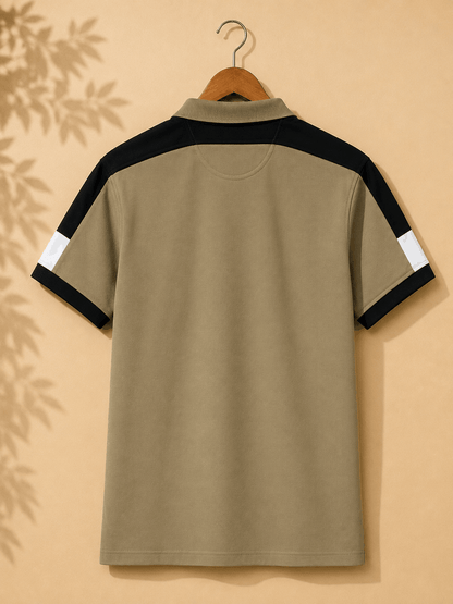 Men's Khaki Olive Colour Block Premium Polo T-Shirt Shoulder Cut
