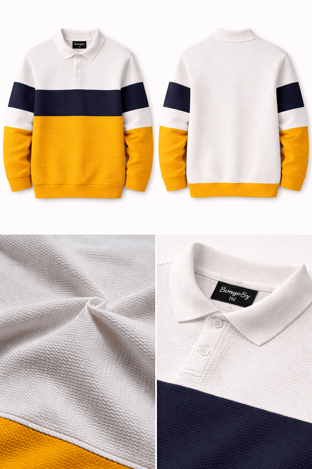 Premium Polo T-Shirt White–Mustard yellow–Black Colorblock