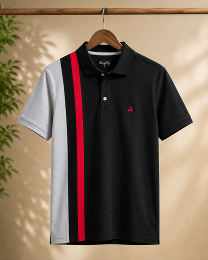 Dark Melange Grey with Red vertical stripe Polo T-Shirt