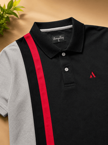 Dark Melange Grey with Red vertical stripe Polo T-Shirt