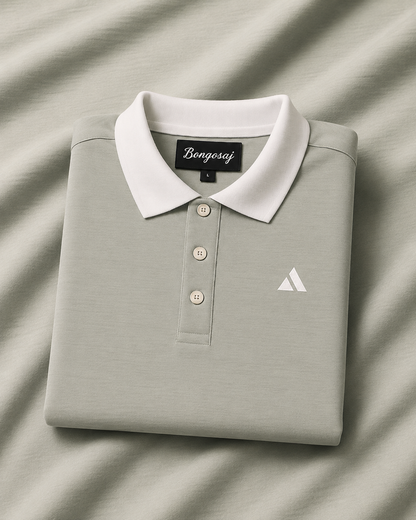 Classic Grey Polo T-Shirt | White Collar & Cuffs