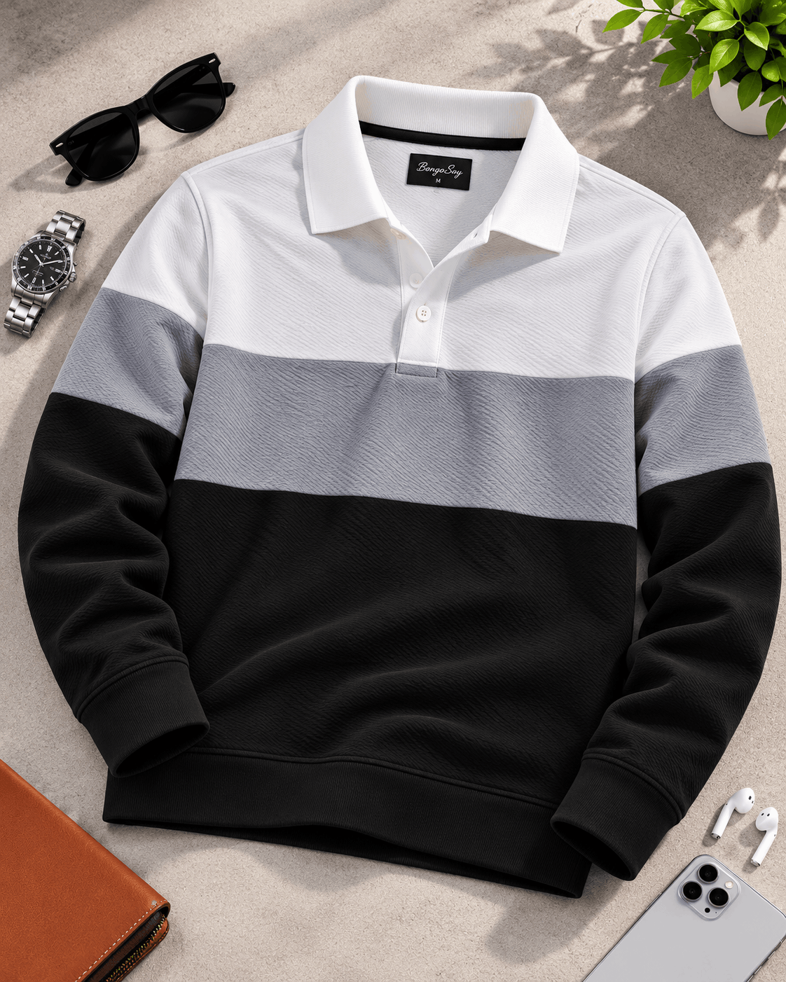 Urban Slate Men's Popcorn Textured Full Sleeve Polo T-Shirt – White, Grey & Black