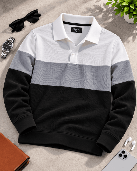 Urban Slate Men's Popcorn Textured Full Sleeve Polo T-Shirt – White, Grey & Black