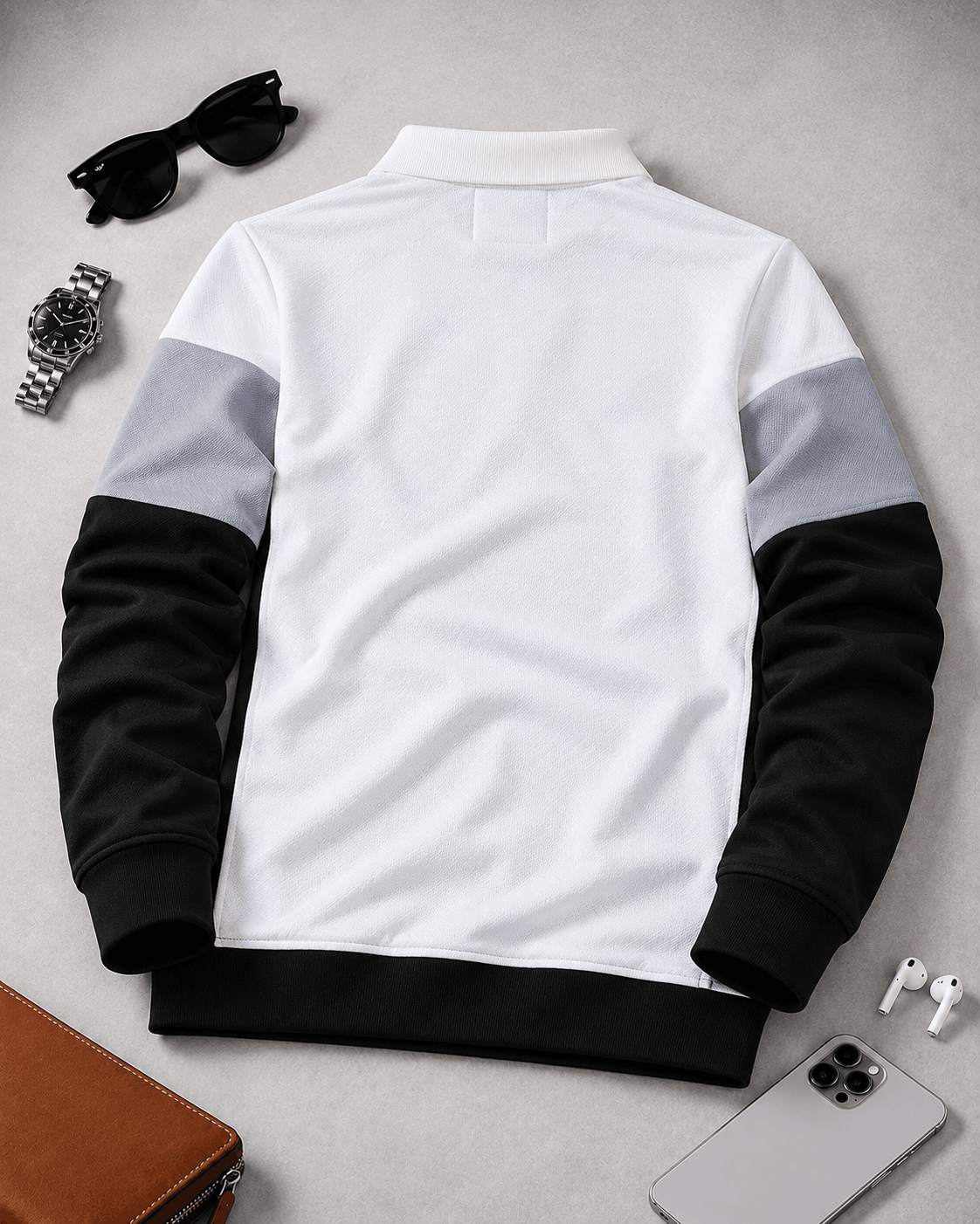 Urban Slate Men's Popcorn Textured Full Sleeve Polo T-Shirt – White, Grey & Black